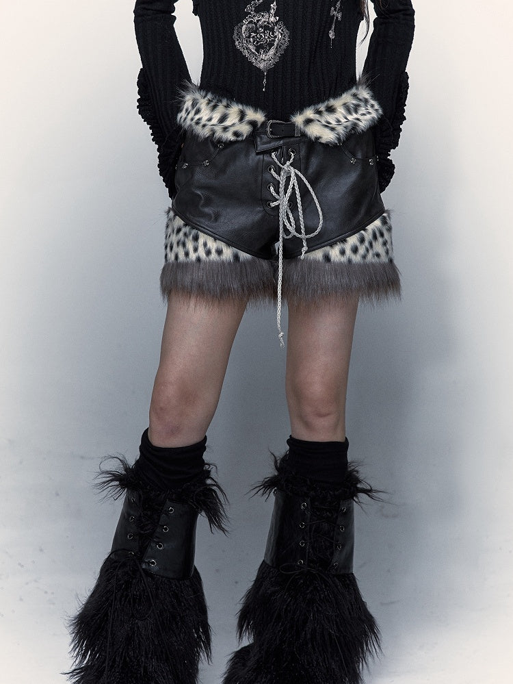 Lace-up Detail Leopard Pattern Design Black Punk PU Shorts