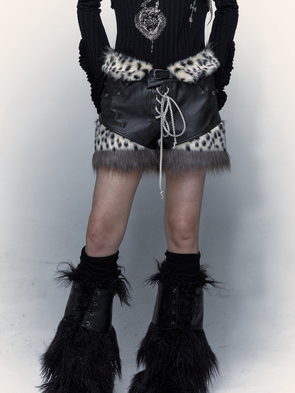 Lace-up Detail Leopard Pattern Design Black Punk PU Shorts
