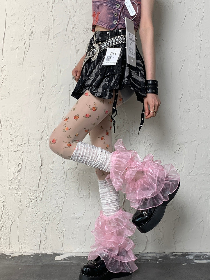 White Y2K Floral Pattern Tights + White&Pink Y2K Multi-layered Lace Trim Leg Sleeves Set
