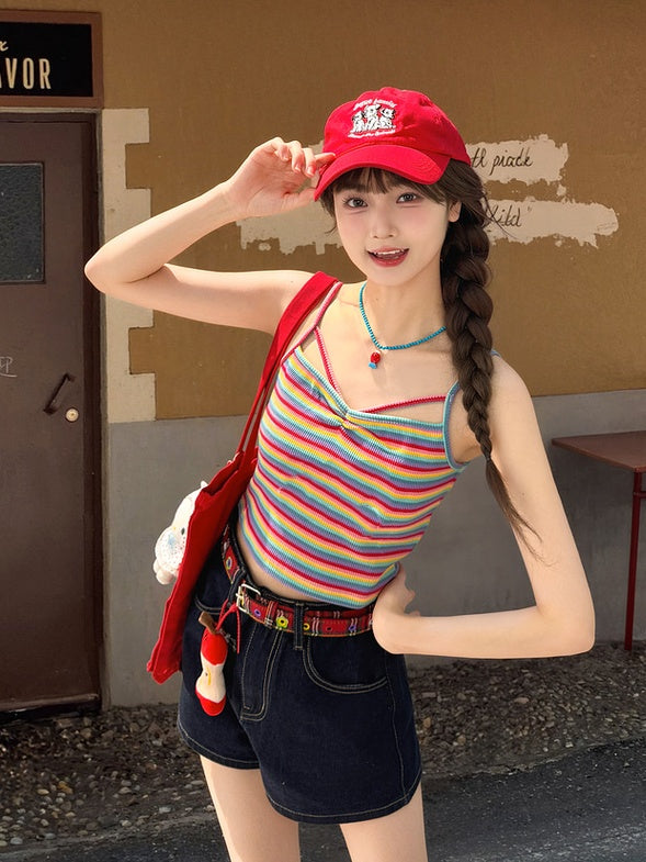 Red/Light Purple Striped Slim-fitting Cami Top