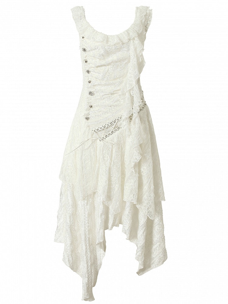 White Wasteland Punk Lace-up Design Handkerchief Hem Sleeveless Dress
