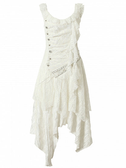 White Wasteland Punk Lace-up Design Handkerchief Hem Sleeveless Dress