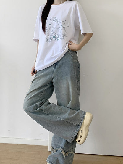 Seashell and Jellyfish Print White Round Neck T-shirt Regular/Short Version