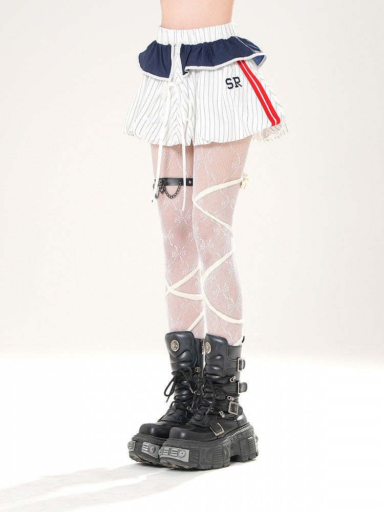Self-tie Foldover Design White Striped Bubble Skirt