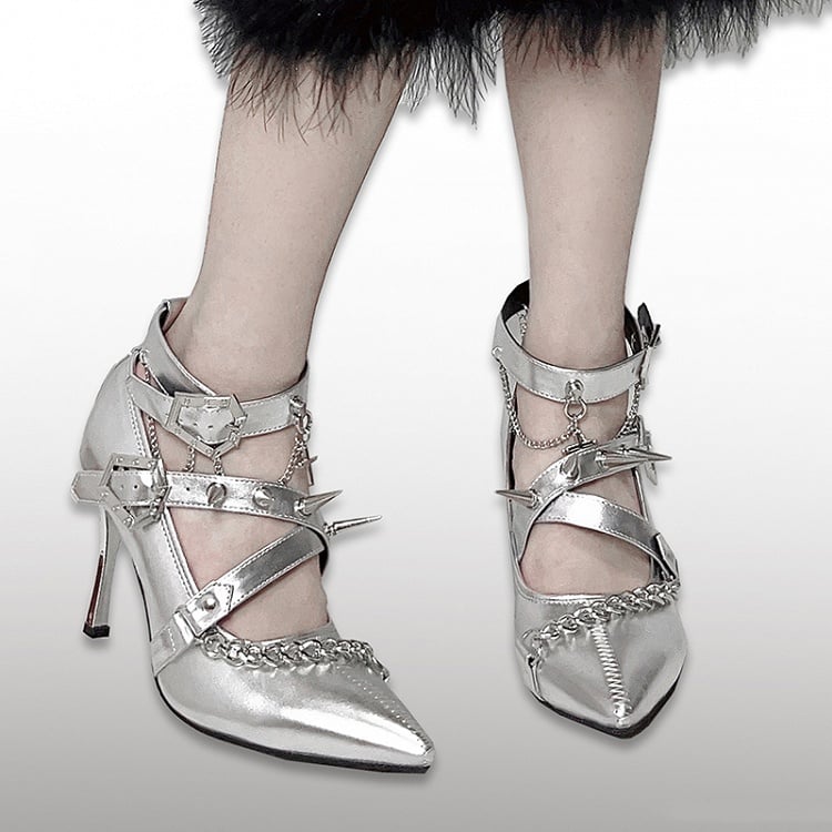 Spike Studs Coffin-shaped Buckles Silver Gothic Punk Stiletto Heels with Chains