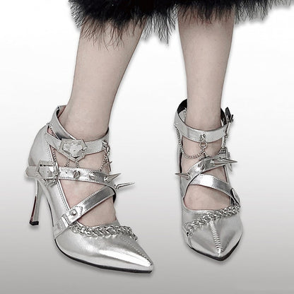 Spike Studs Coffin-shaped Buckles Silver Gothic Punk Stiletto Heels with Chains