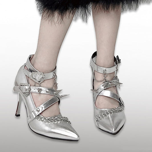Spike Studs Coffin-shaped Buckles Silver Gothic Punk Stiletto Heels with Chains