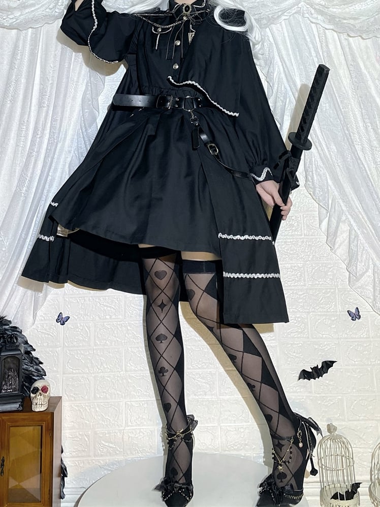 Black/White Diamond and Poker Pattern Alice in Wonderland Vibes Over Knee Stockings