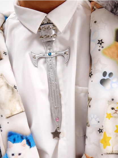 Black/Silver Studs Sword-Shaped Tie PU Choker