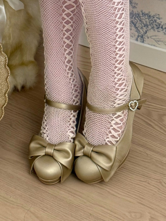 Crystal Heart Closure with Top Bow PU Golden Stilettos in Elegant Lolita