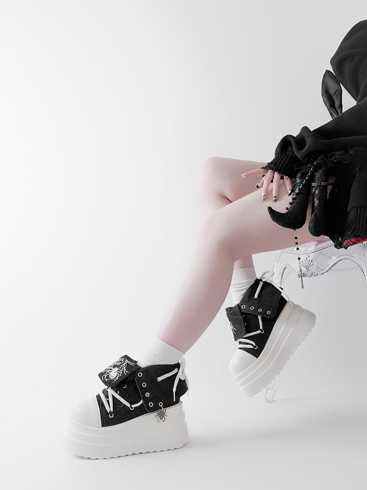 Black & White Punk Spider Print Platform Sneakers