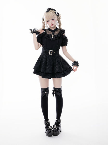 Jirai Kei Black Illusion Neckline Cutout Shoulder Short Sleeve Blouse with Free Bowtie