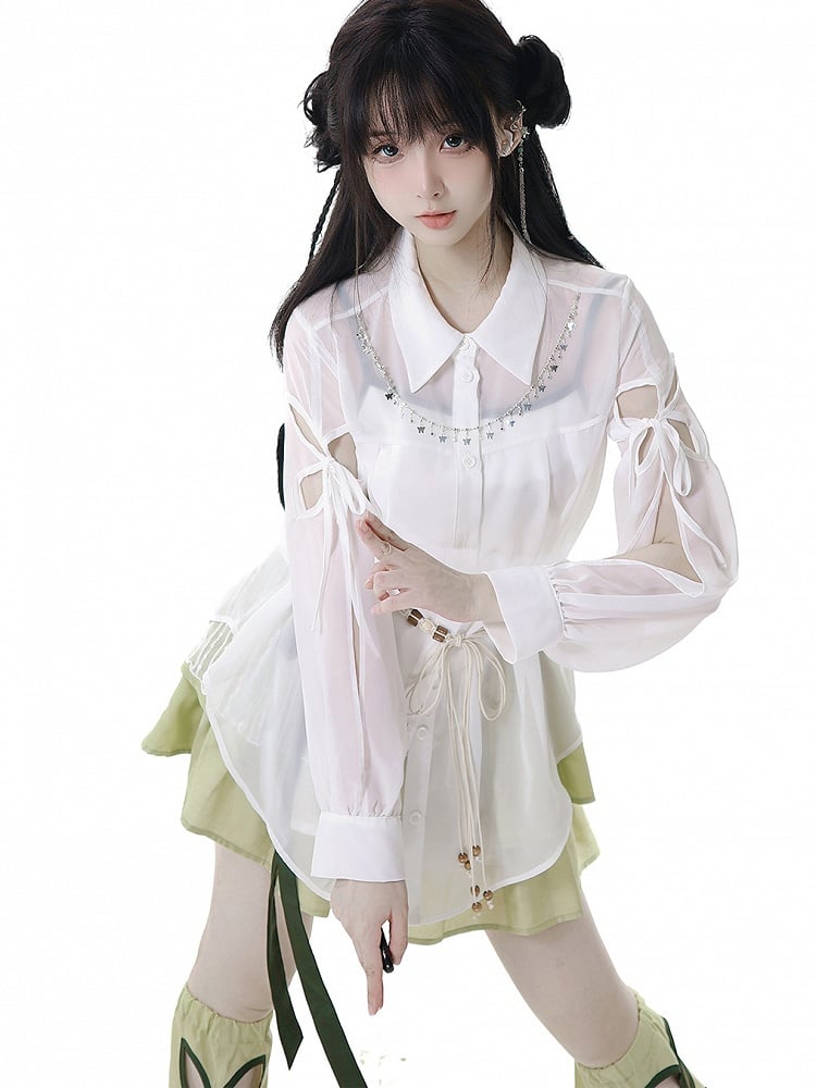 Butterfly-shaped Cutout Sleeves Cheongsam Style White Sheer Chiffon Shirt Long Version