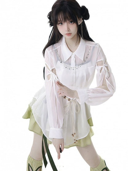 Butterfly-shaped Cutout Sleeves Cheongsam Style White Sheer Chiffon Shirt Long Version