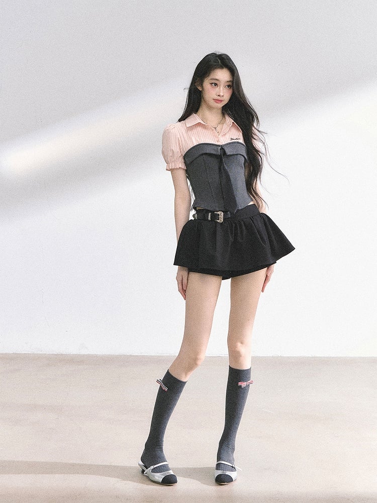 Gray & Pink / Navy Blue Striped T-shirt Faux Two-pieces with Free Tie