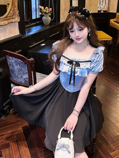 Plus Size Polka-dot Top Blue and Black Sweet Puff Sleeves Dress