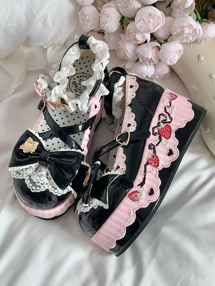 Berry-themed Details, Striped Scalloped Edging & Delicate Bow PU Black Platform Shoes in Sweet Lolita