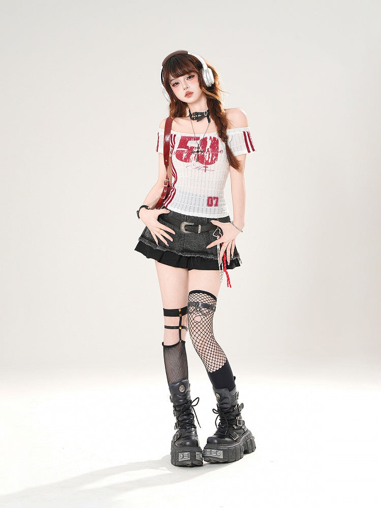 Red/Black Number Print Off-the-shoulder Neckline Slim-fitting T-shirt