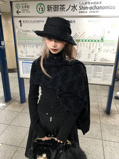 Gothic Asymmetrical Button-Up Top with Detachable Flocked Lace Cape