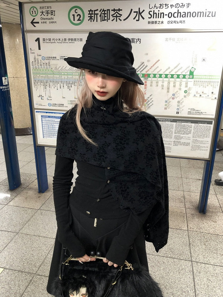 Gothic Asymmetrical Button-Up Top with Detachable Flocked Lace Cape