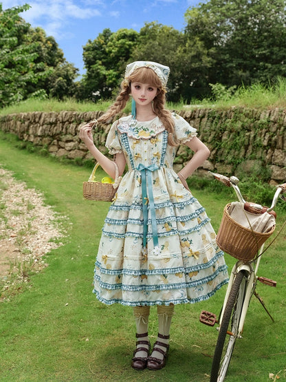 Blue & Yellow Puff Sleeves Tiered Ruffles Country Lolita Dress with Lemon and Rabbit Print