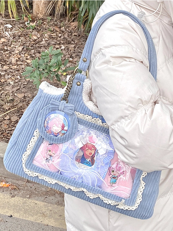 Corduroy Lace Trim Blue Daily Ita bag - Comes with Card Holder Charm