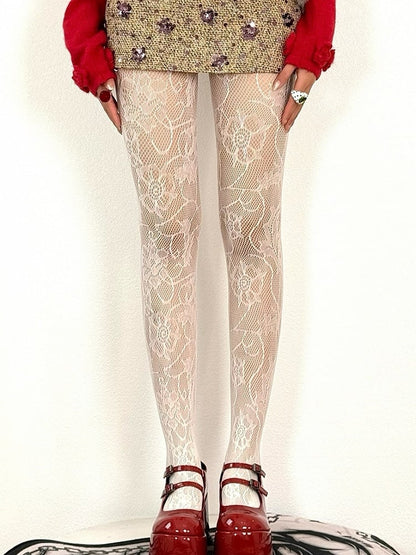 Black/White/Gray Floral Pattern Tights