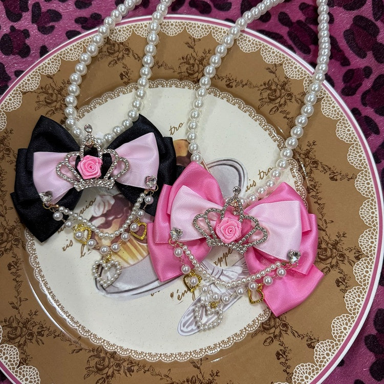 Black/Pink Rhinestone Crown Decorated Bowknot And Heart Pendant Beaded Necklace