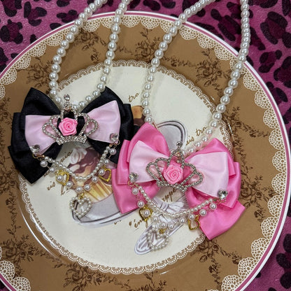 Black/Pink Rhinestone Crown Decorated Bowknot And Heart Pendant Beaded Necklace