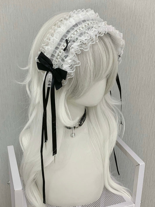 Black/White Studs Decorated Bowknot Details Ruffled Hairband