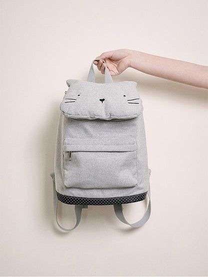 Charming Grey Cat-Ear Flap Backpack With Embroidered Kawaii Kitten Design