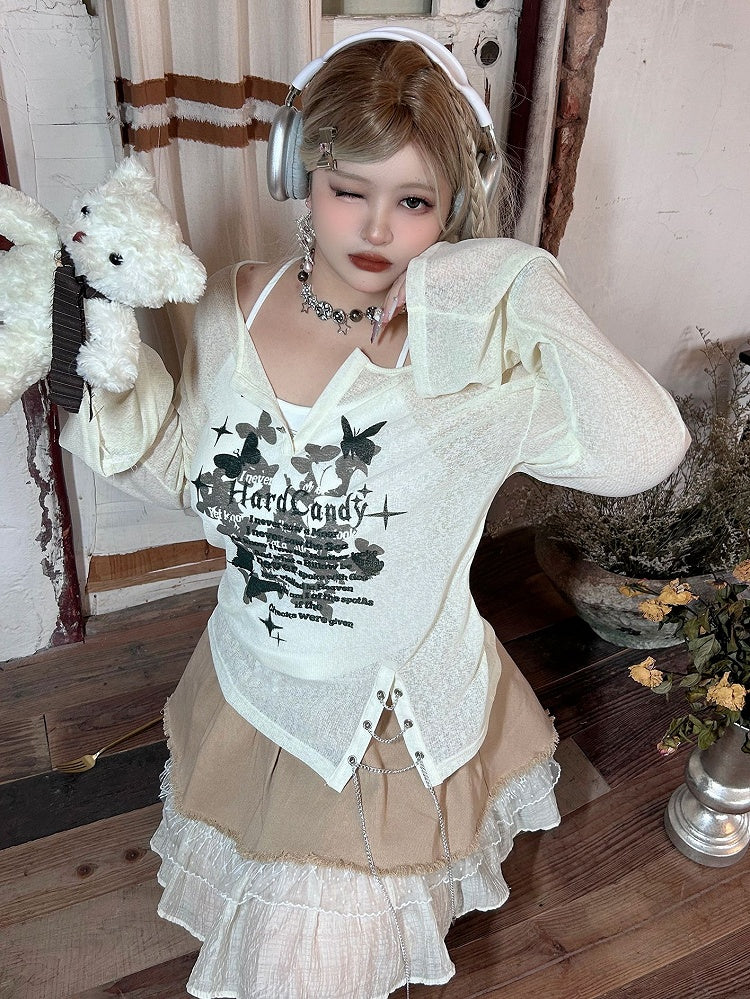 Plus Size Y2K White Butterflies Print Long Sleeves Top with Chain + Tank Top Set