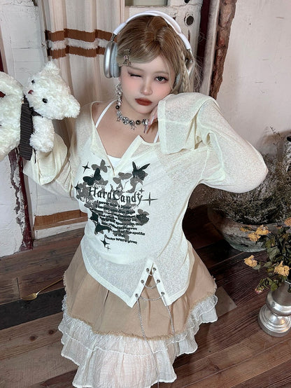 Plus Size Y2K White Butterflies Print Long Sleeves Top with Chain + Tank Top Set