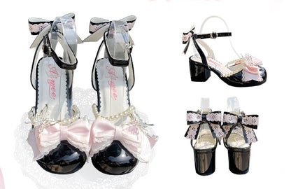 Pink Bow at Top Black Sweet Lolita Mary Jane Shoes with Detachable Bead Chain