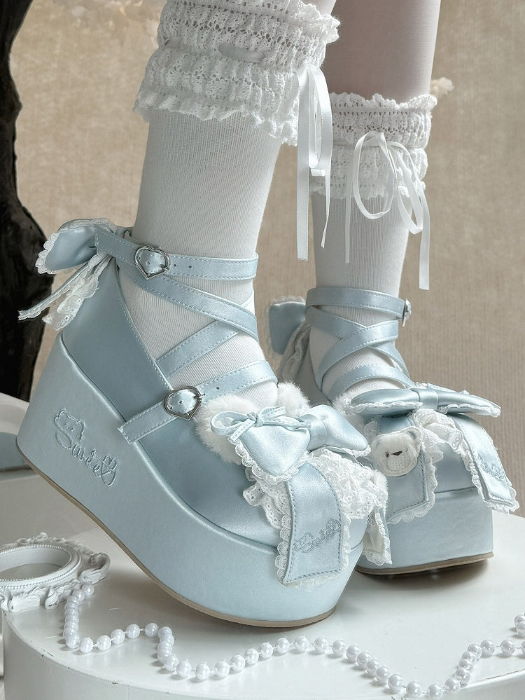 Blue Sweet Lolita Platforms with Plush Bear Ear Accents, Bow Embellishments & Crossed Straps