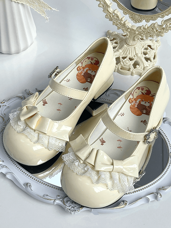 Lace Details & Bow Accents PU Beige Round Toe Shoes in Sweet Lolita