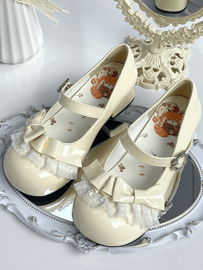 Lace Details & Bow Accents PU Beige Round Toe Shoes in Sweet Lolita