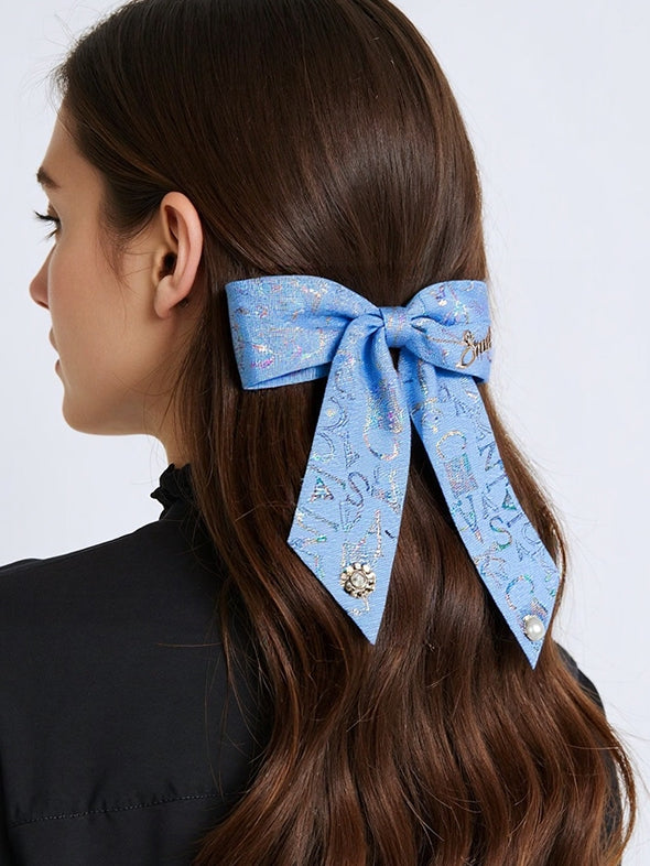 Blue Letter Print Beaded Decorated Bowknot Hairclip