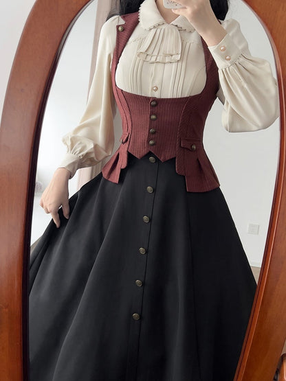 Black Boned Corset Belt High Waist Retro Midi Skirt with Button Accents