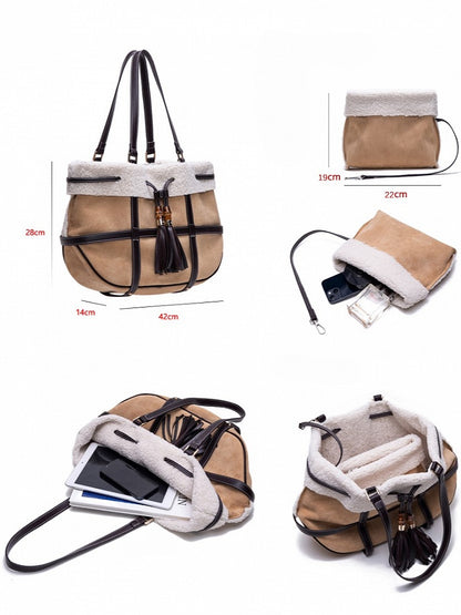 Plush Trim Brown Tote Bag With Vintage Bamboo Knot Accents - Large Capacity Shoulder Bag For Fall And Winter