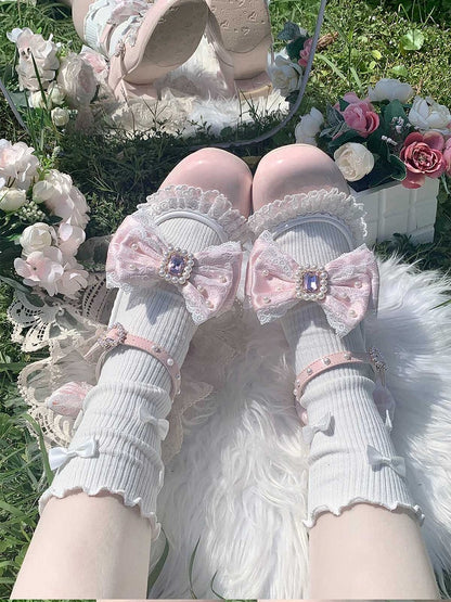 Polished Dusty Pink Detachable Rhinestone And Beaded Decorated Bowknot Lace Trim 4.5CM Block Heels Shoes