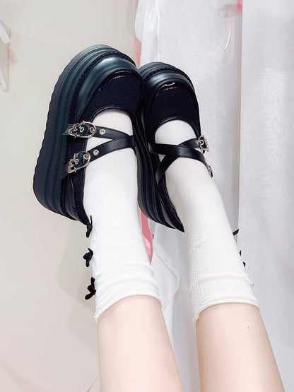 Black Crisscross Design Wing Buckles Platforms