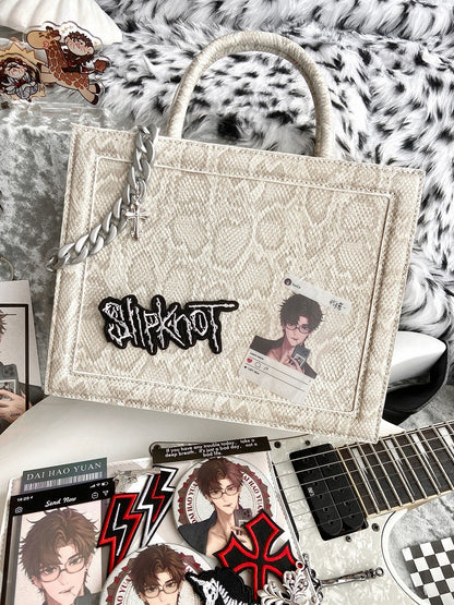 Snake Pattern White Ita Tote Bag with Crossbody Shoulder Strap