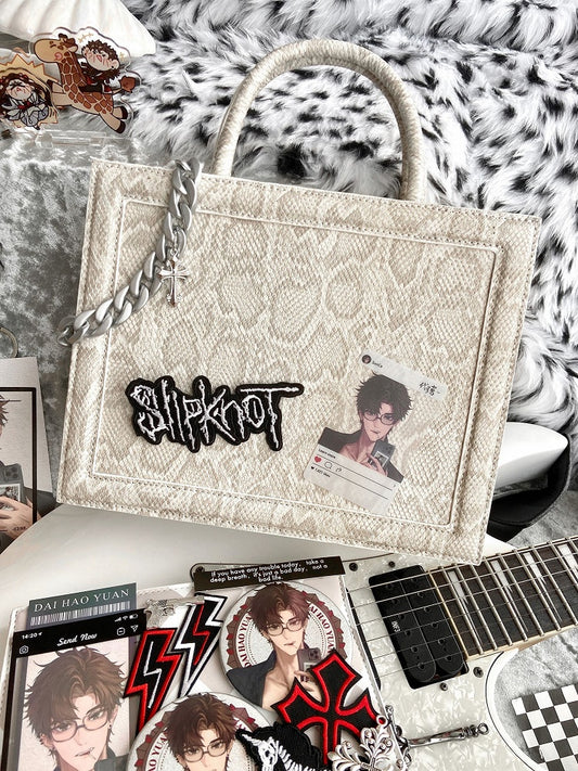 Snake Pattern White Ita Tote Bag with Crossbody Shoulder Strap