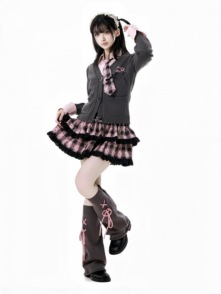 Contrast Pink Lace-up Detail Dark Gray 46CM Leg Warmers