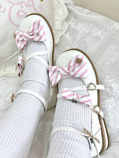 Striped Bow at Top White Sweet Round Toe Lolita Shoes Low Heels