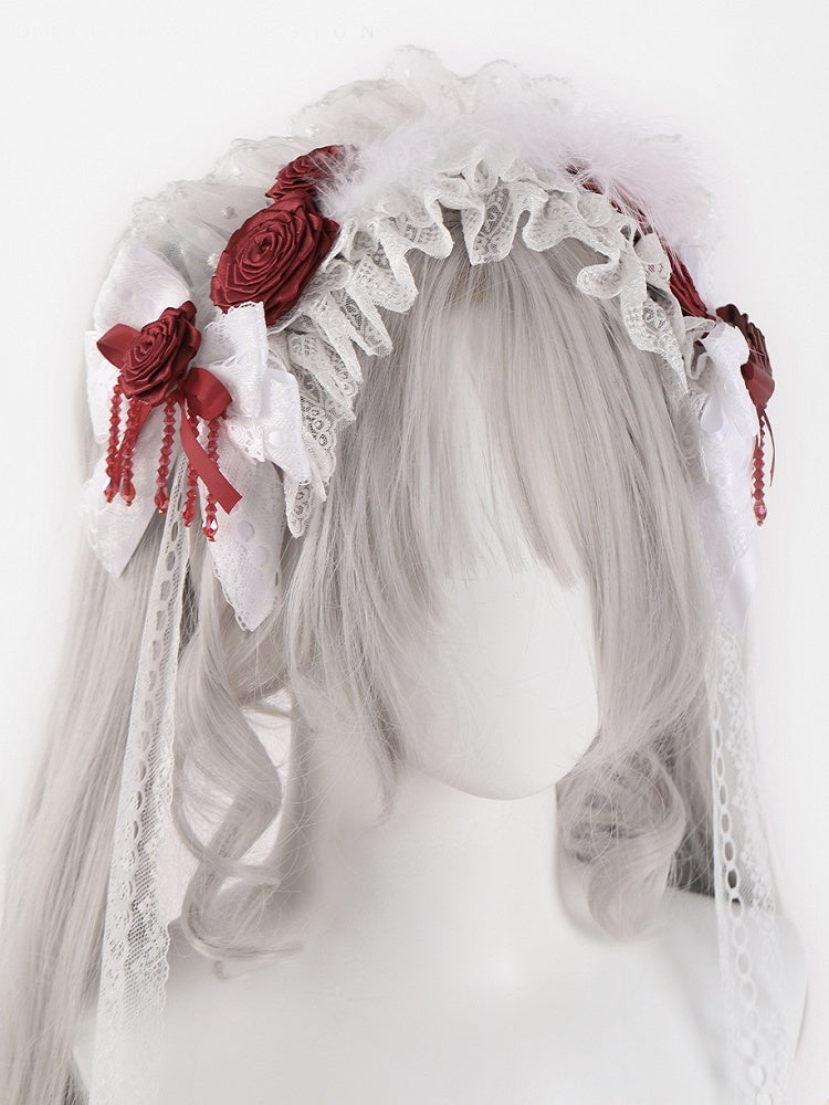 Feather Decorated White Gothic Bowknots Hairband with Red Rosettes and Beads
