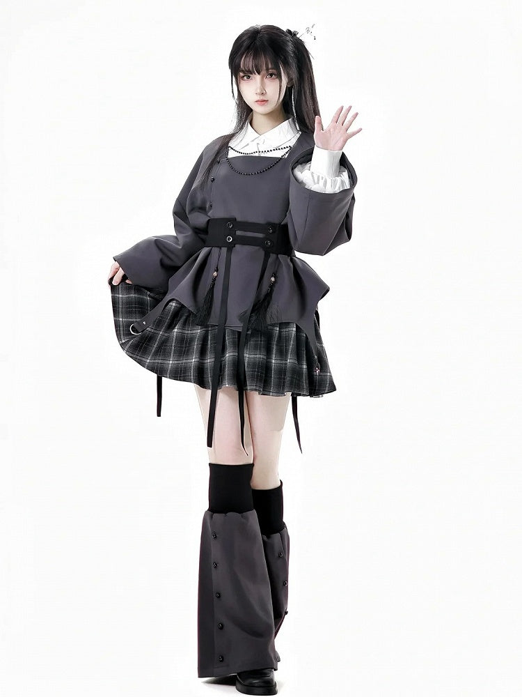 Gray Elastic Cuffs Faux Placket 49CM Flared Leg Warmers