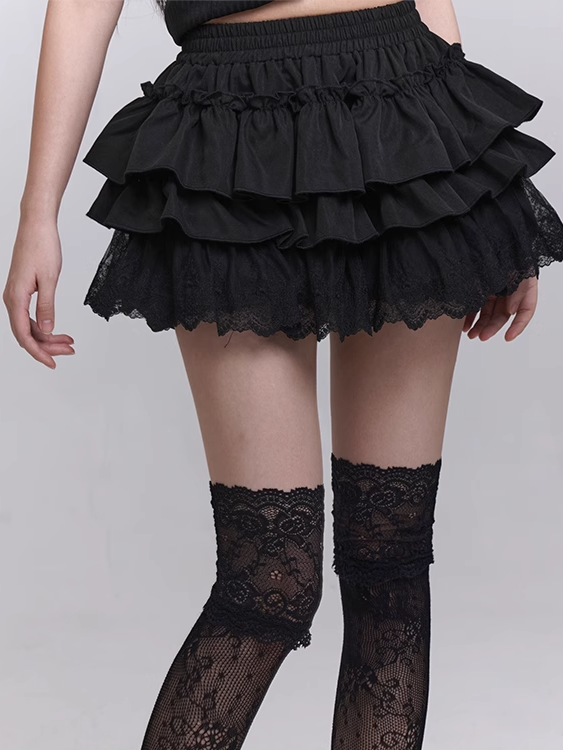 Black Elastic Waist Lace Trim Mini Tiered Skirt Bloomers Lining