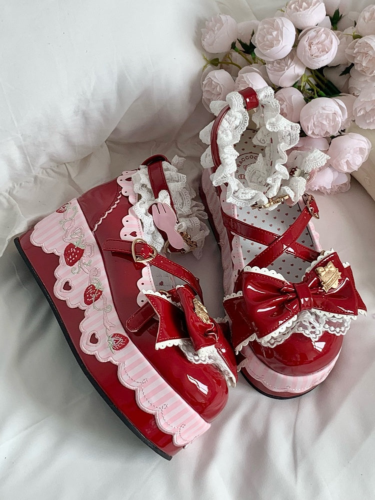 Wine Red Sweet Lolita Mary Janes - Platform Design with Strawberry Decor, Lace Trim & Romantic Clasp